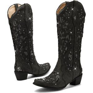 Black Women Sparkly Rhinestone Wedding Boots Trendy Vintage Tall Glitter Boot